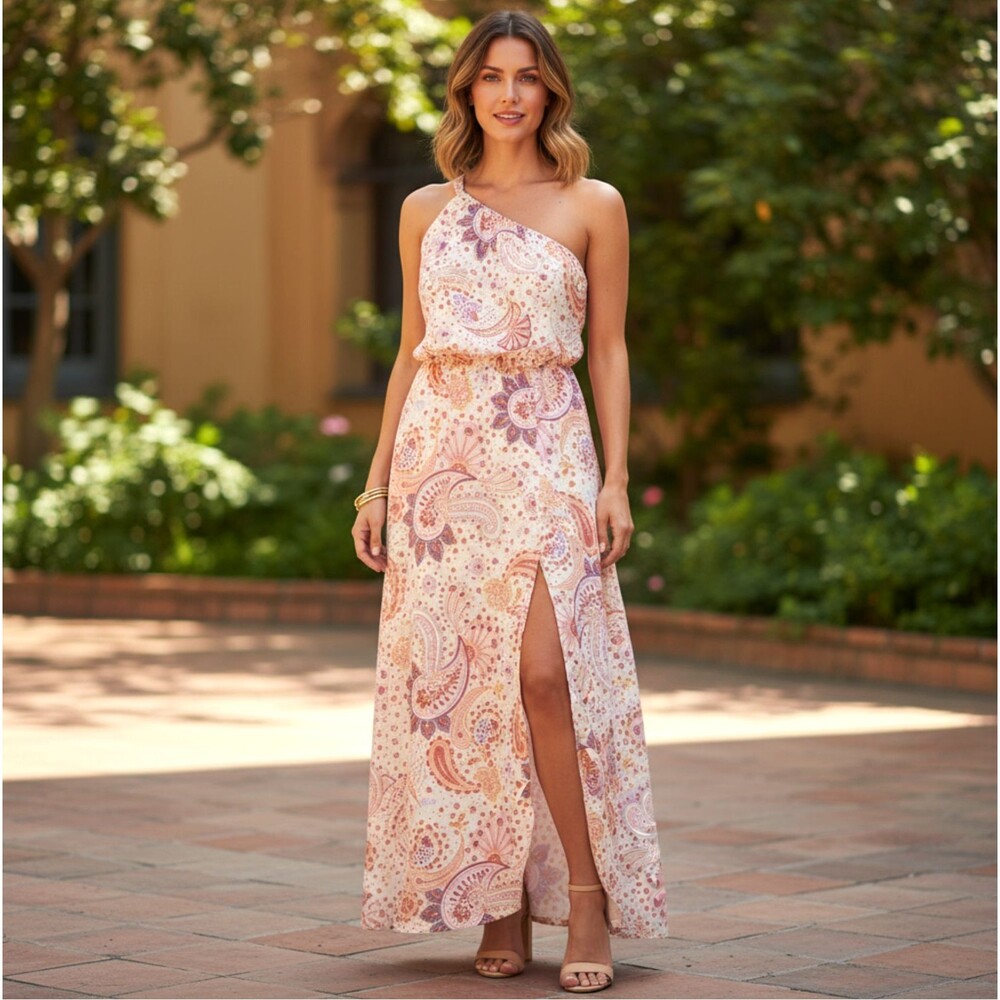Lovers + Friends Valentina Maxi Dress L One Shoulder Paisley Slit Boho Resort